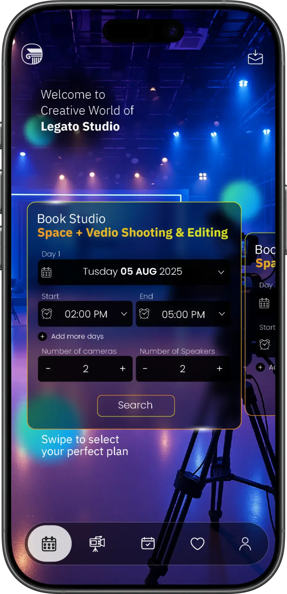 iPhone showing the Legato Studio app booking screen with date and time selection