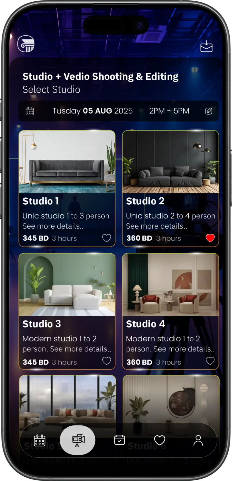 iPhone showing the Legato Studio app home screen with studio spaces to book