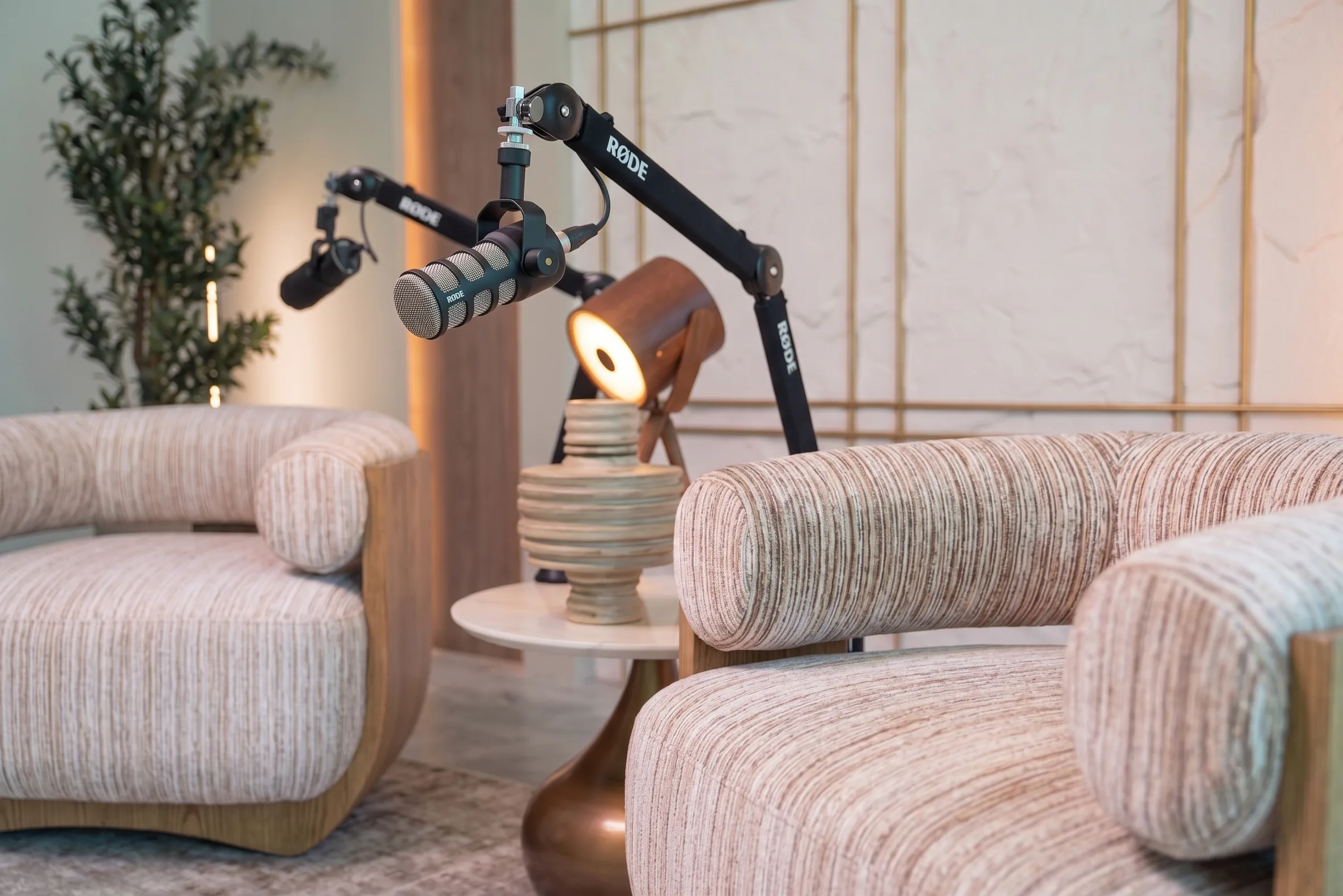 Podcast microphones on black boom arms between two striped armchairs in the Carved studio at Legato Studio