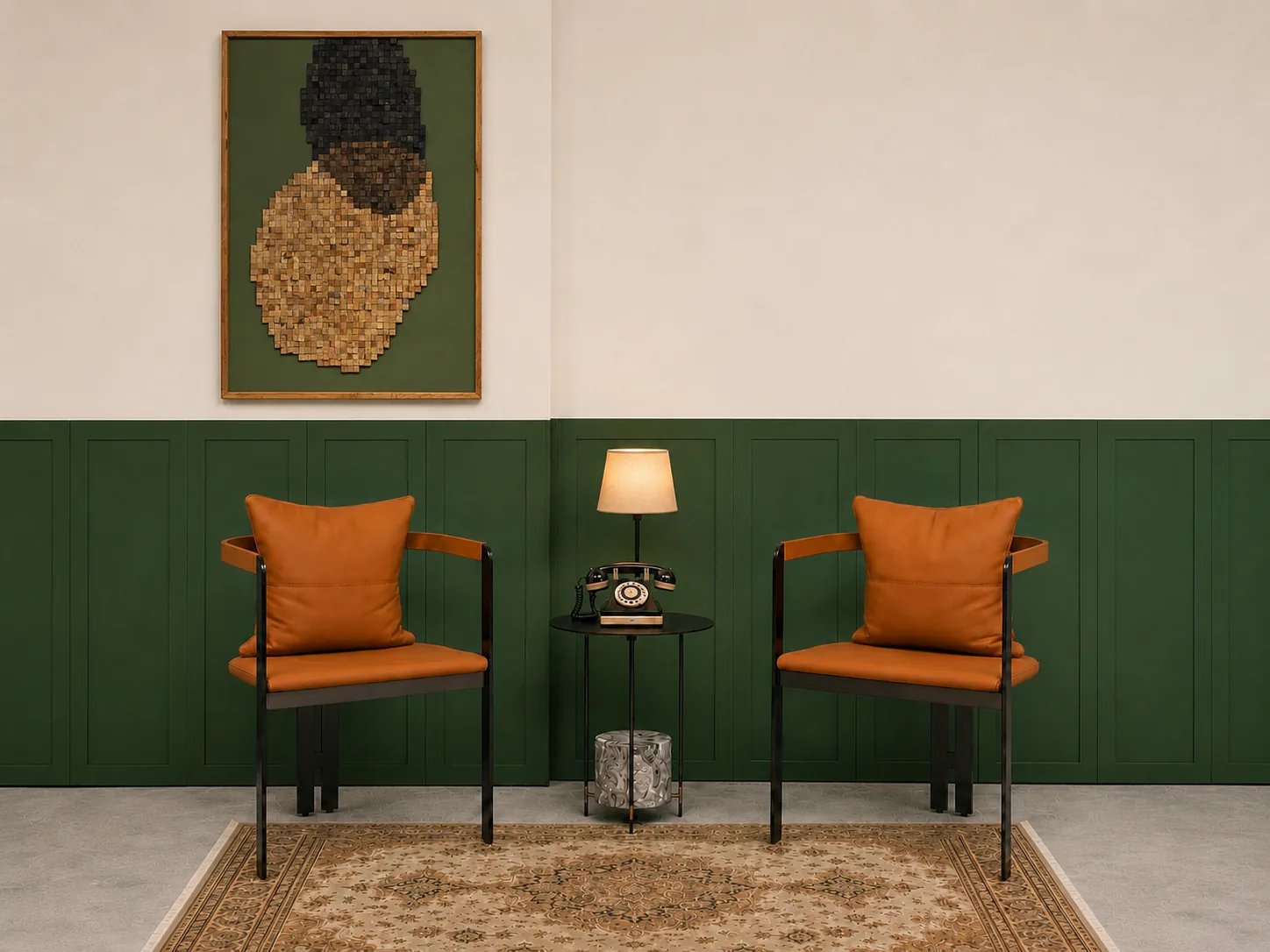 Heritage studio at Legato Studio: tan leather chairs and a vintage telephone against green panelling