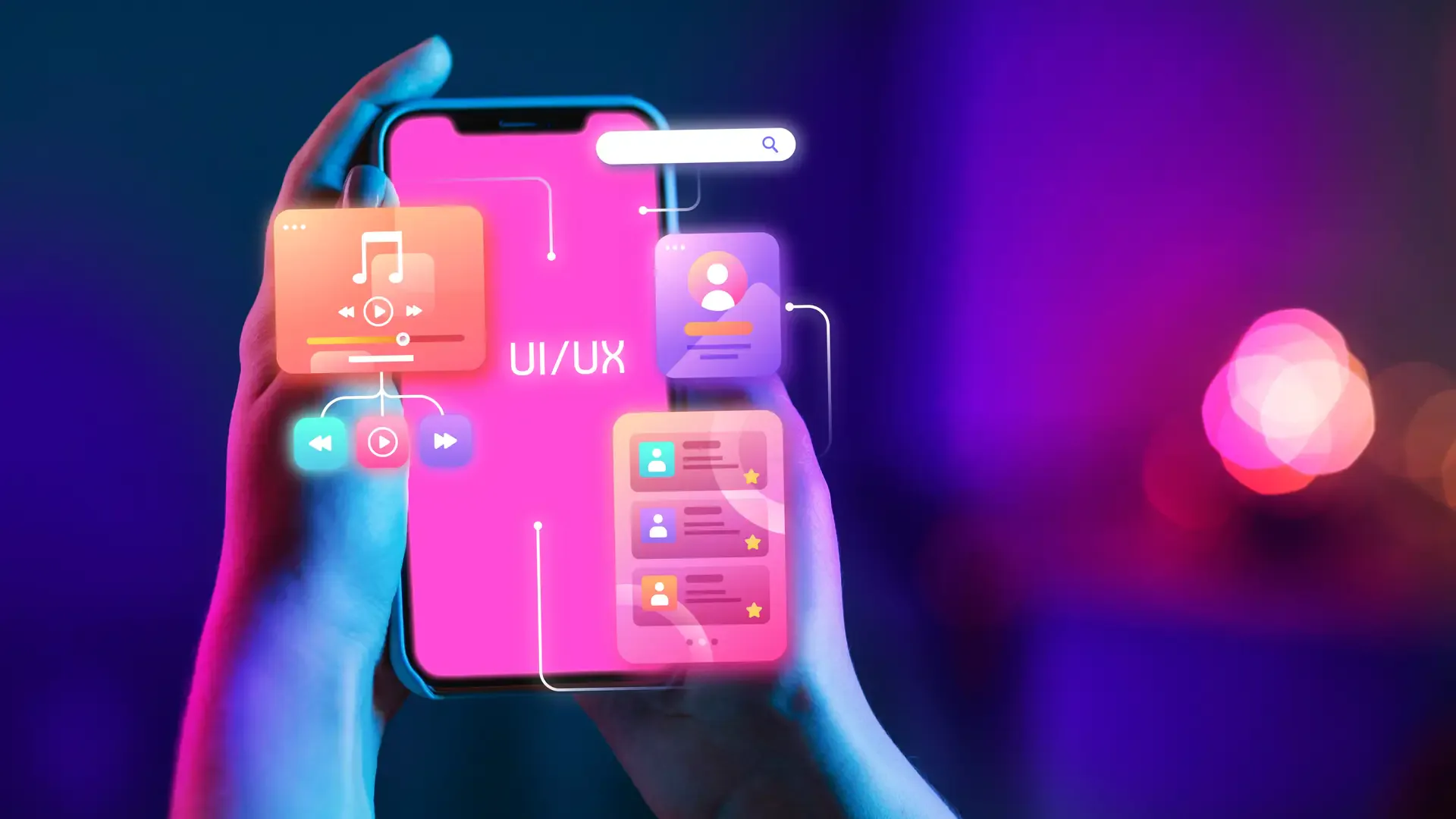 Hands holding a phone surrounded by floating pink UI/UX interface cards on a neon purple background