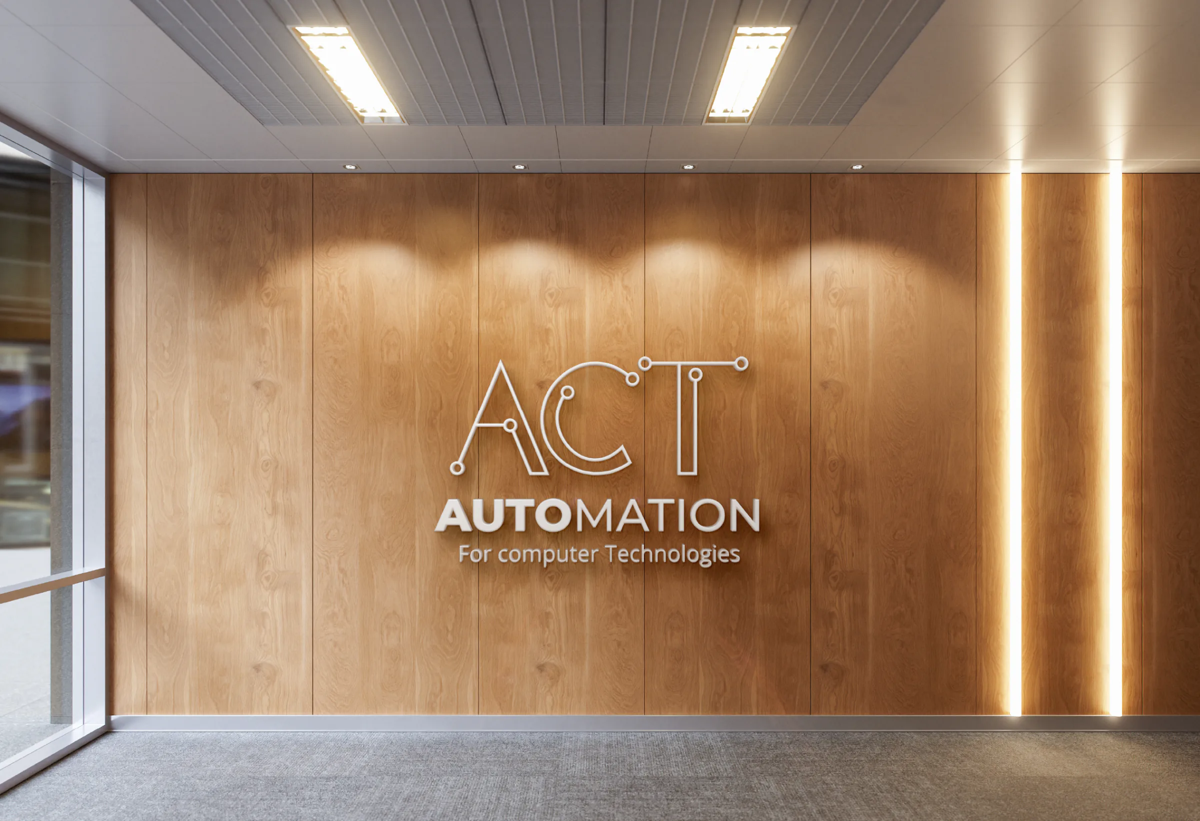 ACT Automation logo sign on a warm wooden wall in a modern office reception