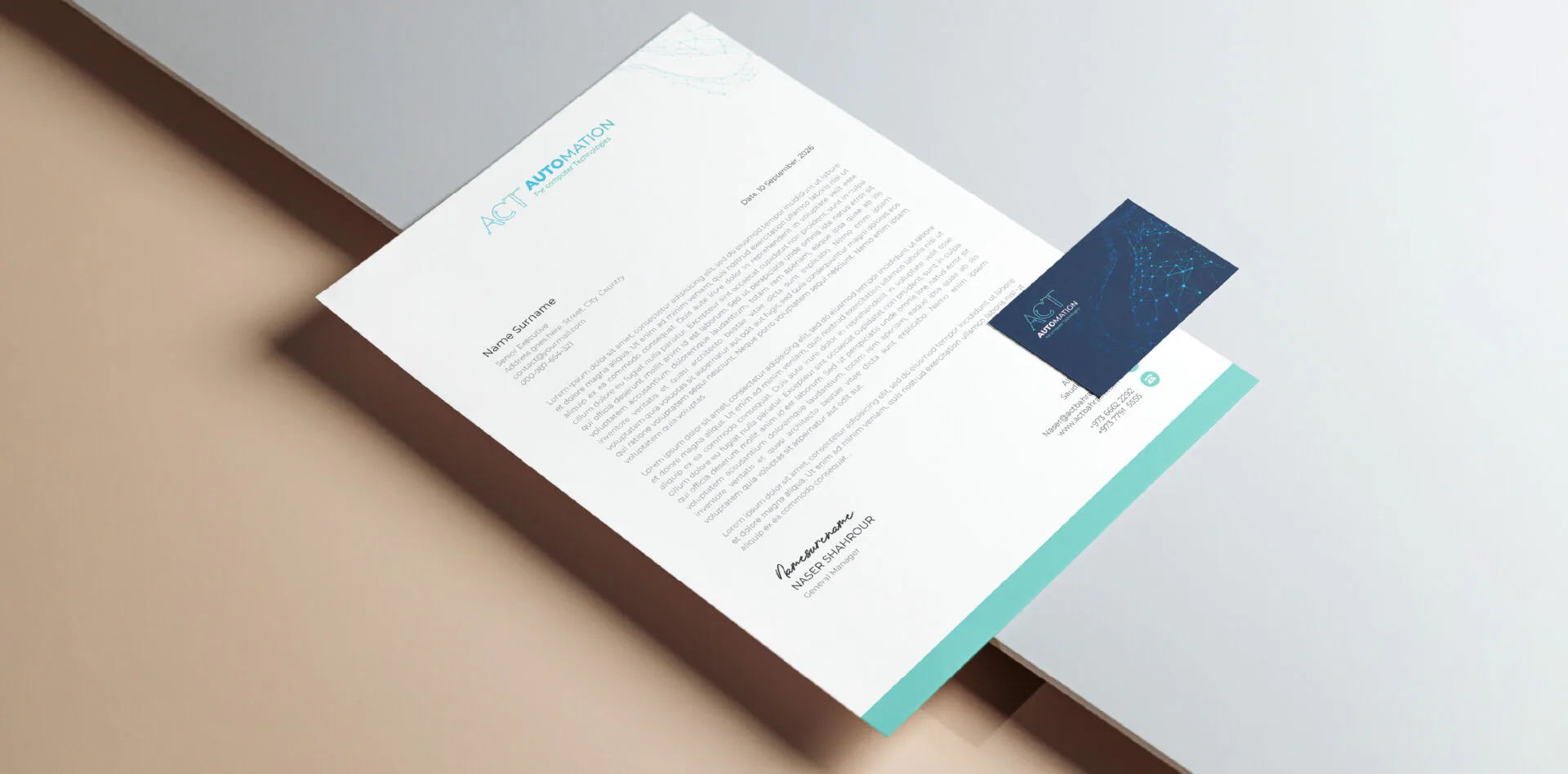 ACT Automation letterhead and business card with teal and navy accents