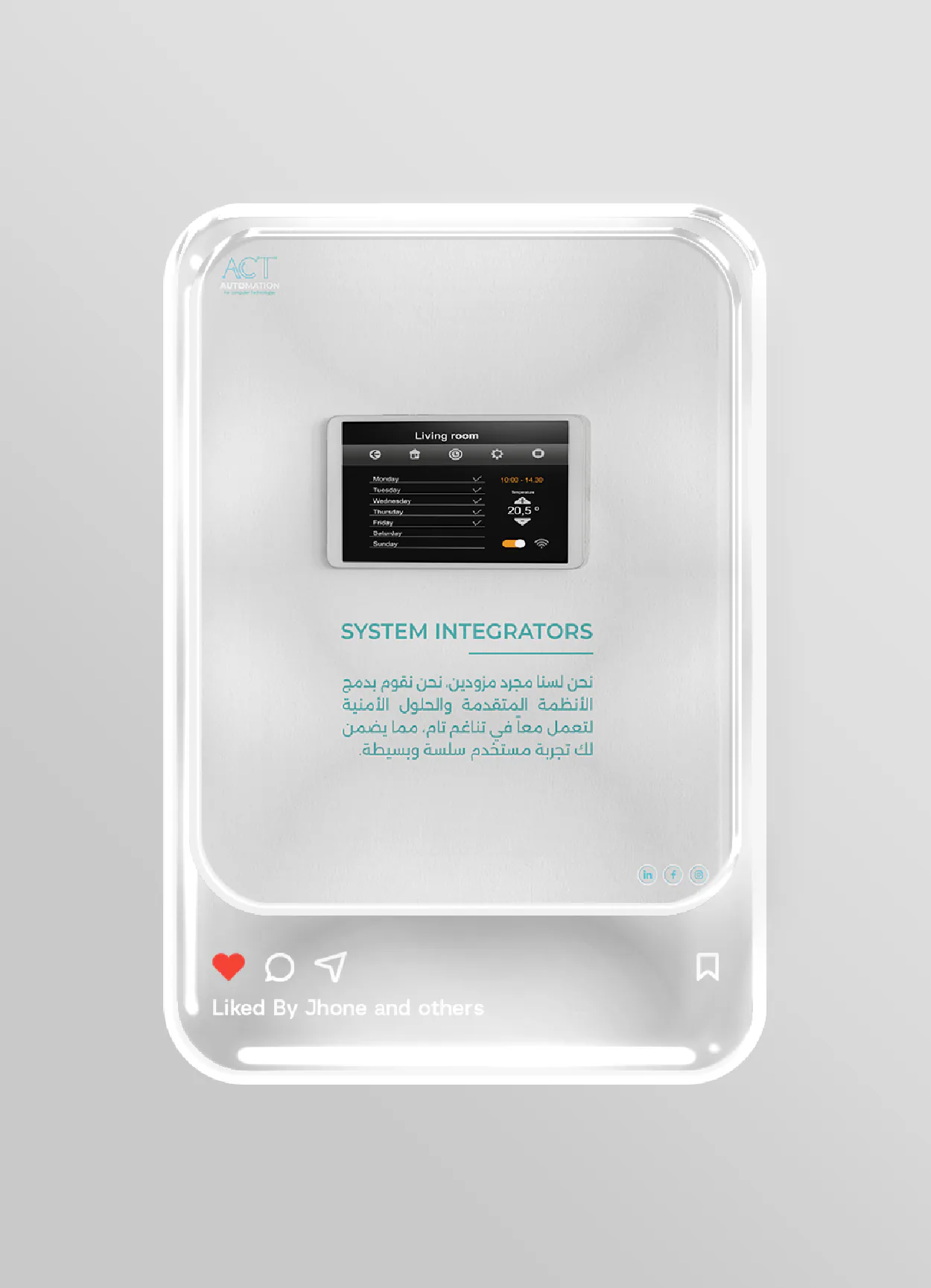 ACT Automation “System Integrators” social media post with a smart-home control panel, in a glass frame