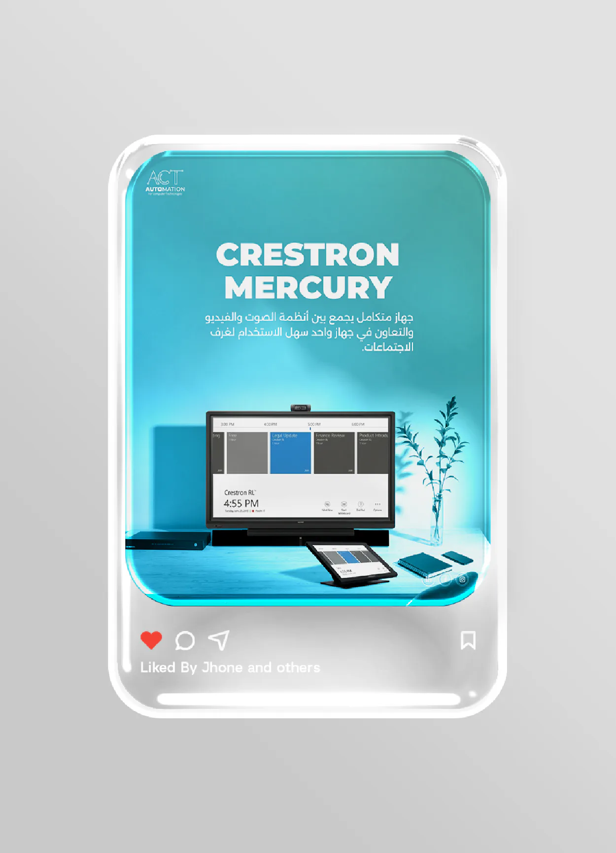 ACT Automation social media post featuring Crestron Mercury conferencing equipment on turquoise