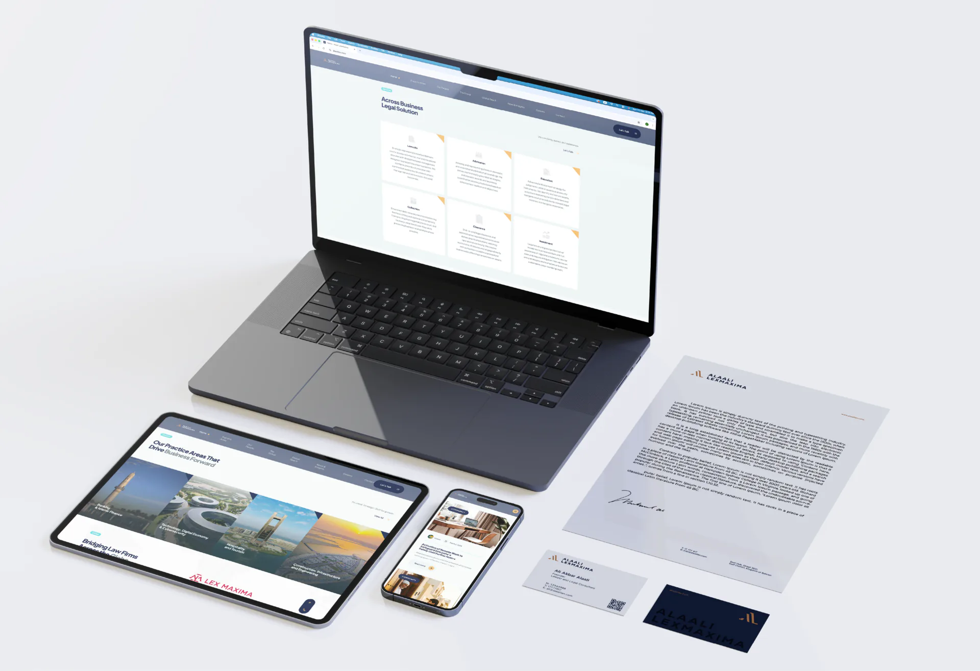 Alaali LexMaxima website on a laptop, tablet and phone next to branded stationery