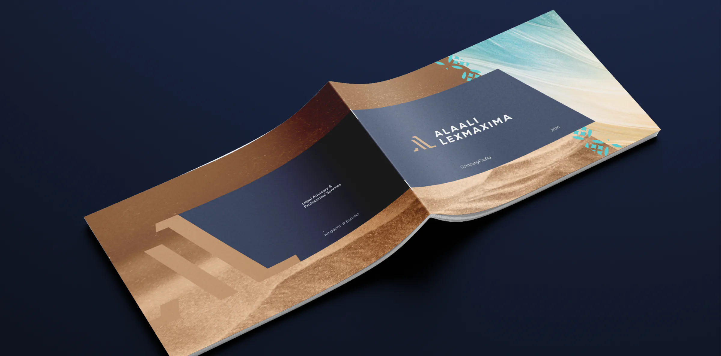 Alaali LexMaxima brochure cover in navy and copper with a desert-and-sea image, on a navy background