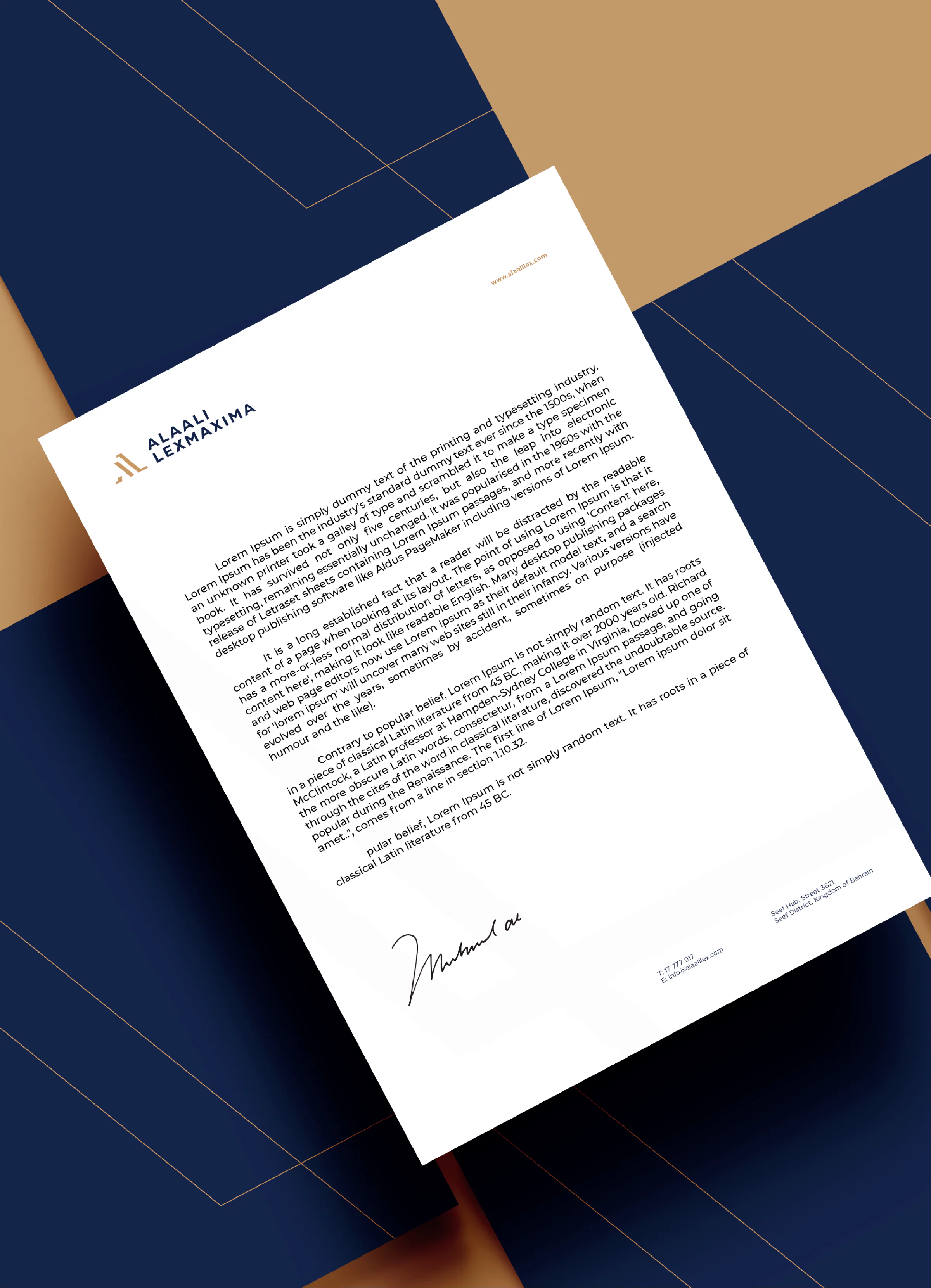 Alaali LexMaxima letterhead on a navy and copper diagonal background