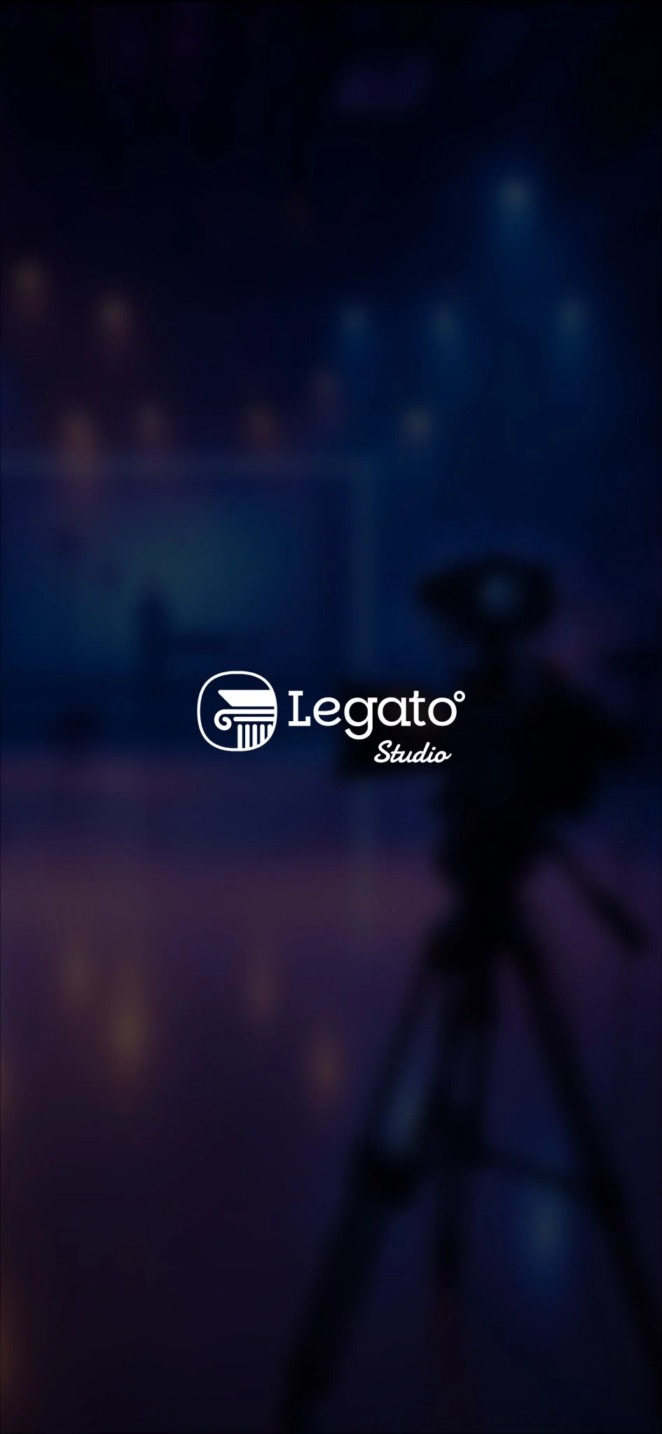 Legato Studio app splash screen with the Legato Studio logo over a blue-lit studio