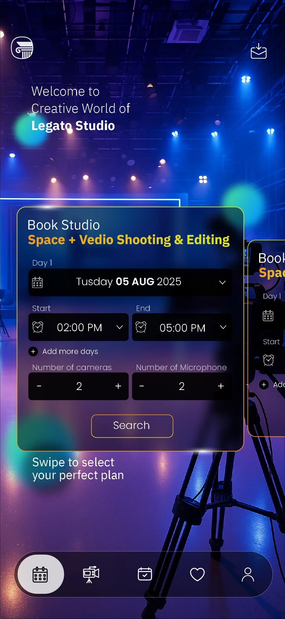 Welcome screen: book studio space plus video shooting and editing by date, time, cameras and microphones