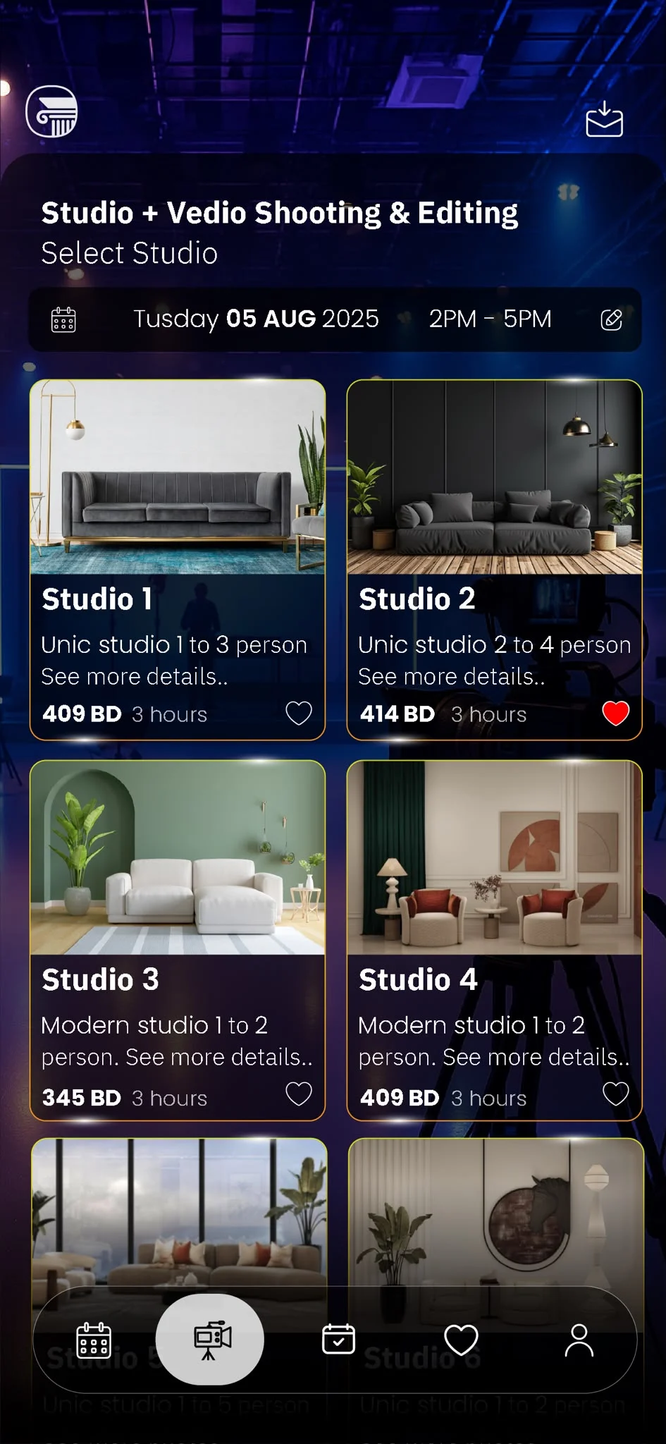 Select a studio: grid of decorated studio zones with capacity and price per session