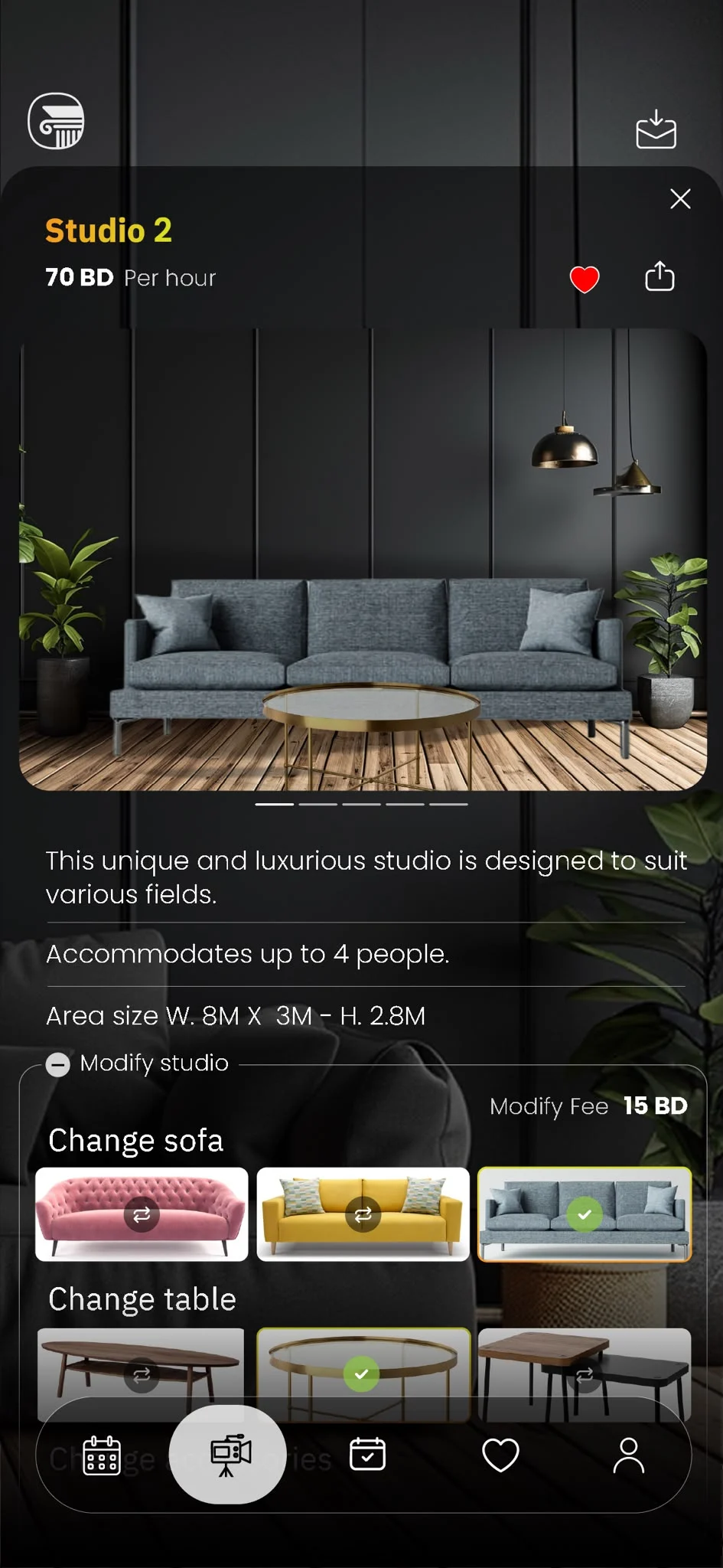 Customize your zone: studio details with swappable sofa and table options