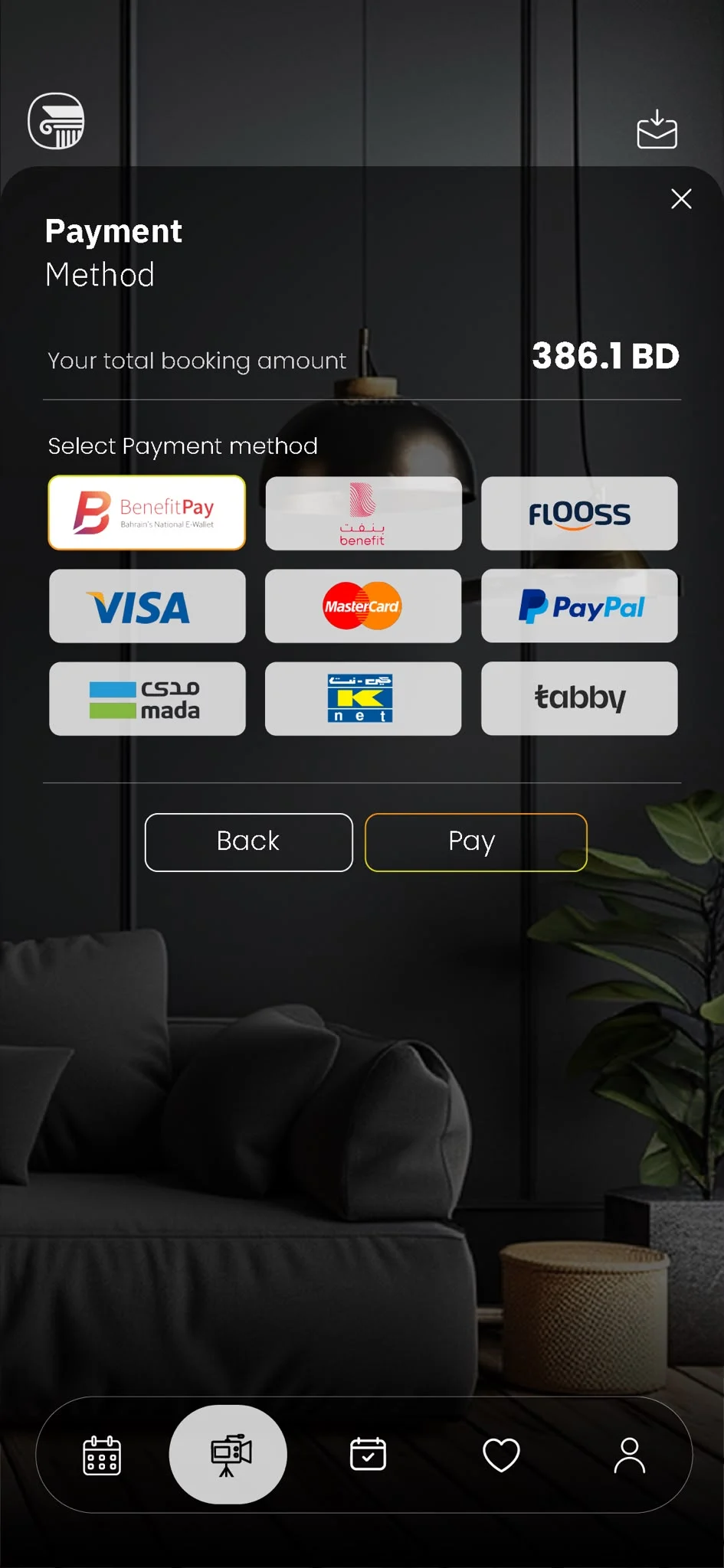 Payment method selection with BenefitPay, Flooss, VISA, Mastercard, PayPal, Tabby and more
