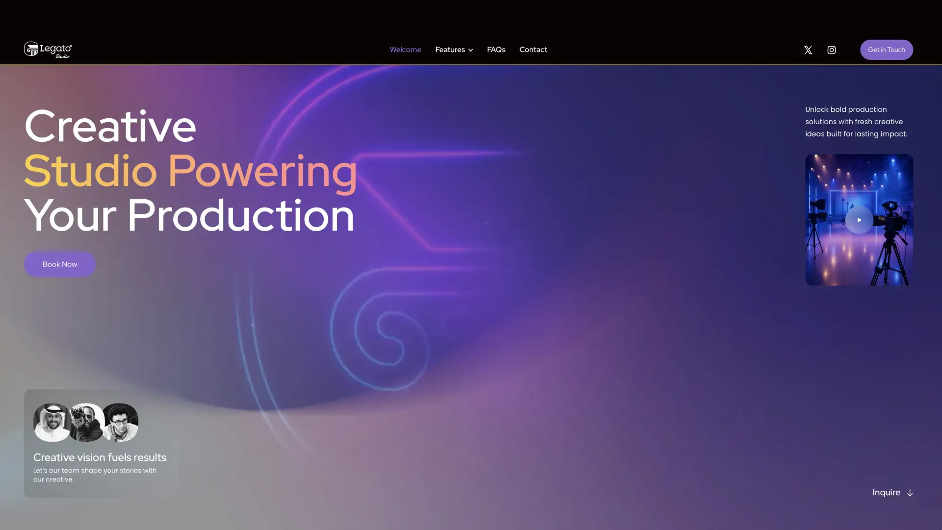 Legato Studio website homepage: “Creative Studio Powering Your Production” over a violet gradient