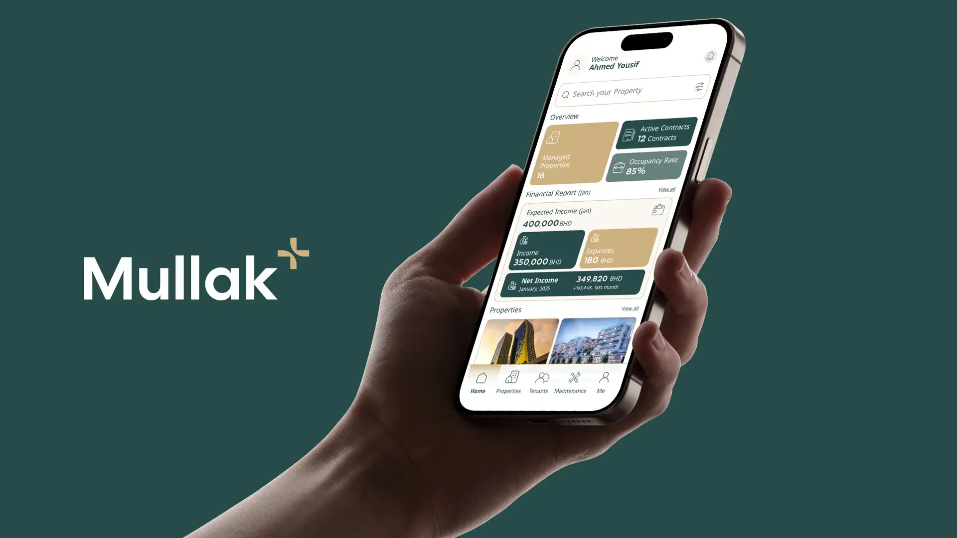 Hand holding an iPhone with the Mullak+ app beside the Mullak+ wordmark on teal