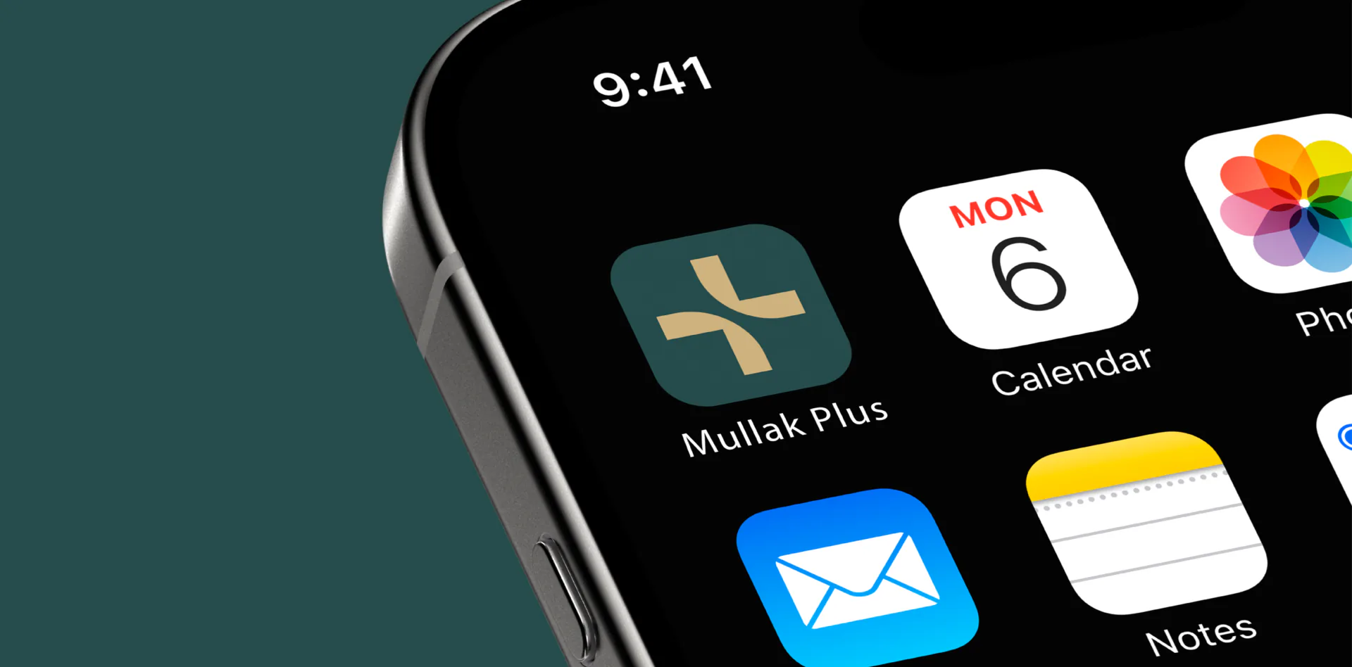 Mullak Plus app icon on an iPhone home screen against deep teal