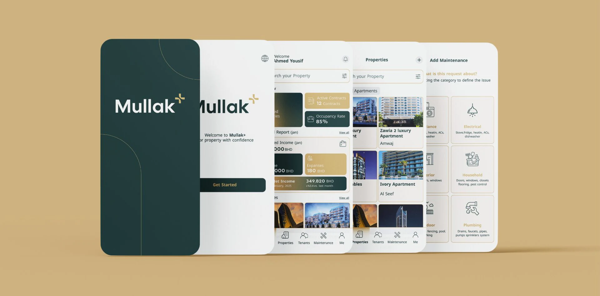 Row of Mullak+ mobile app screens — splash, dashboard and property listings — on a sand background