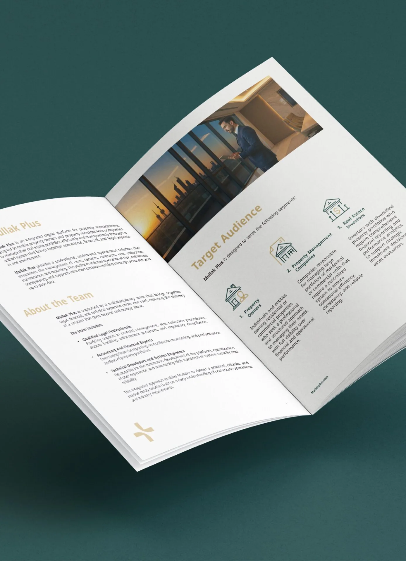 Open Mullak+ brochure with architecture photography and icon illustrations, on teal