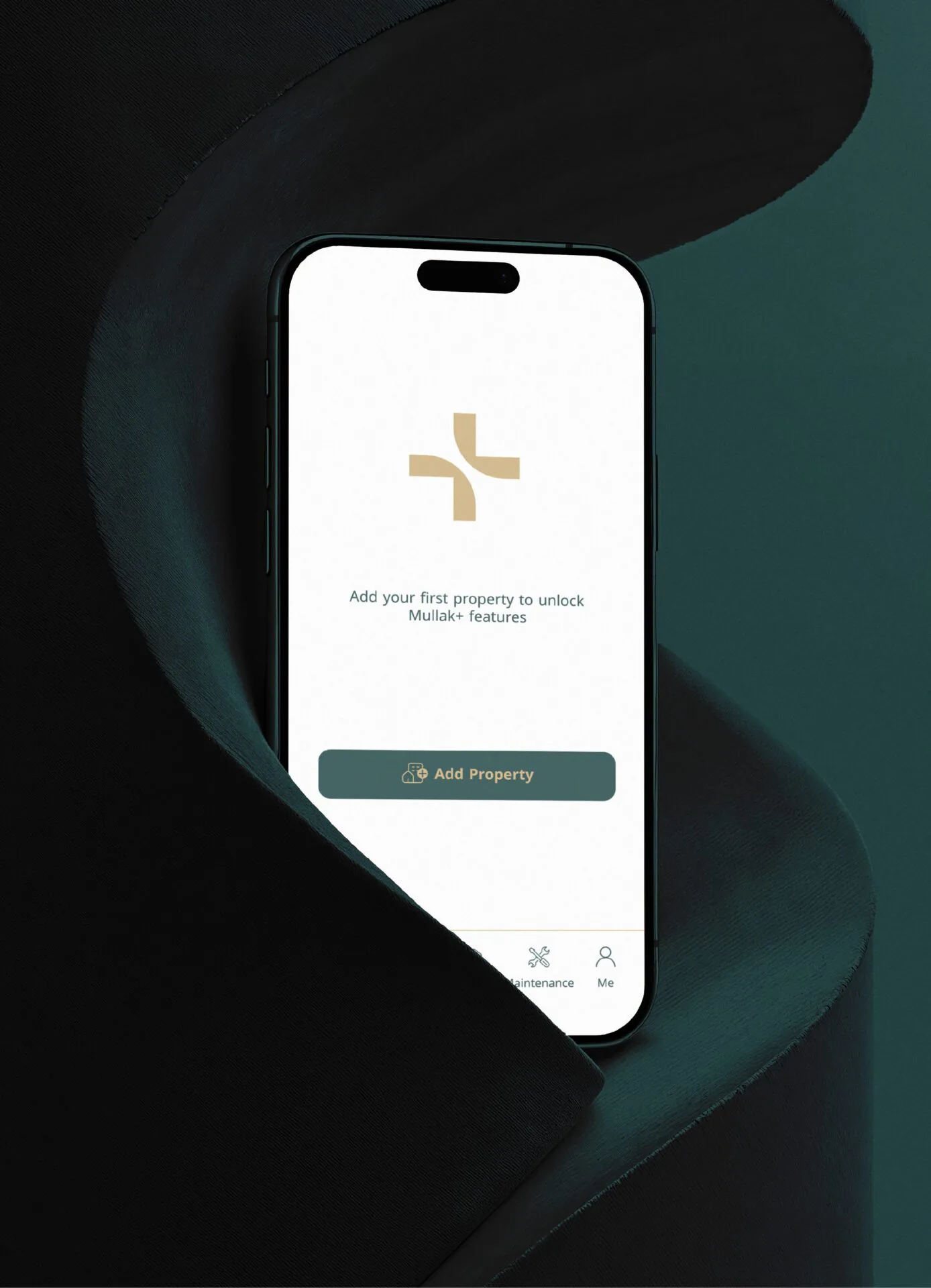 iPhone with the Mullak+ add-property screen standing on dark teal fabric