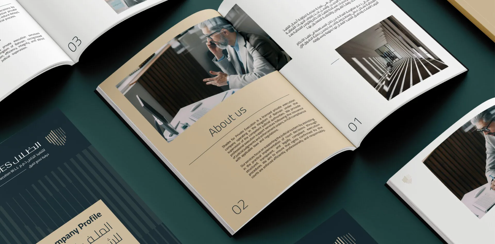 Shades Bailiff company profile brochures with sand and charcoal pages, fanned on teal