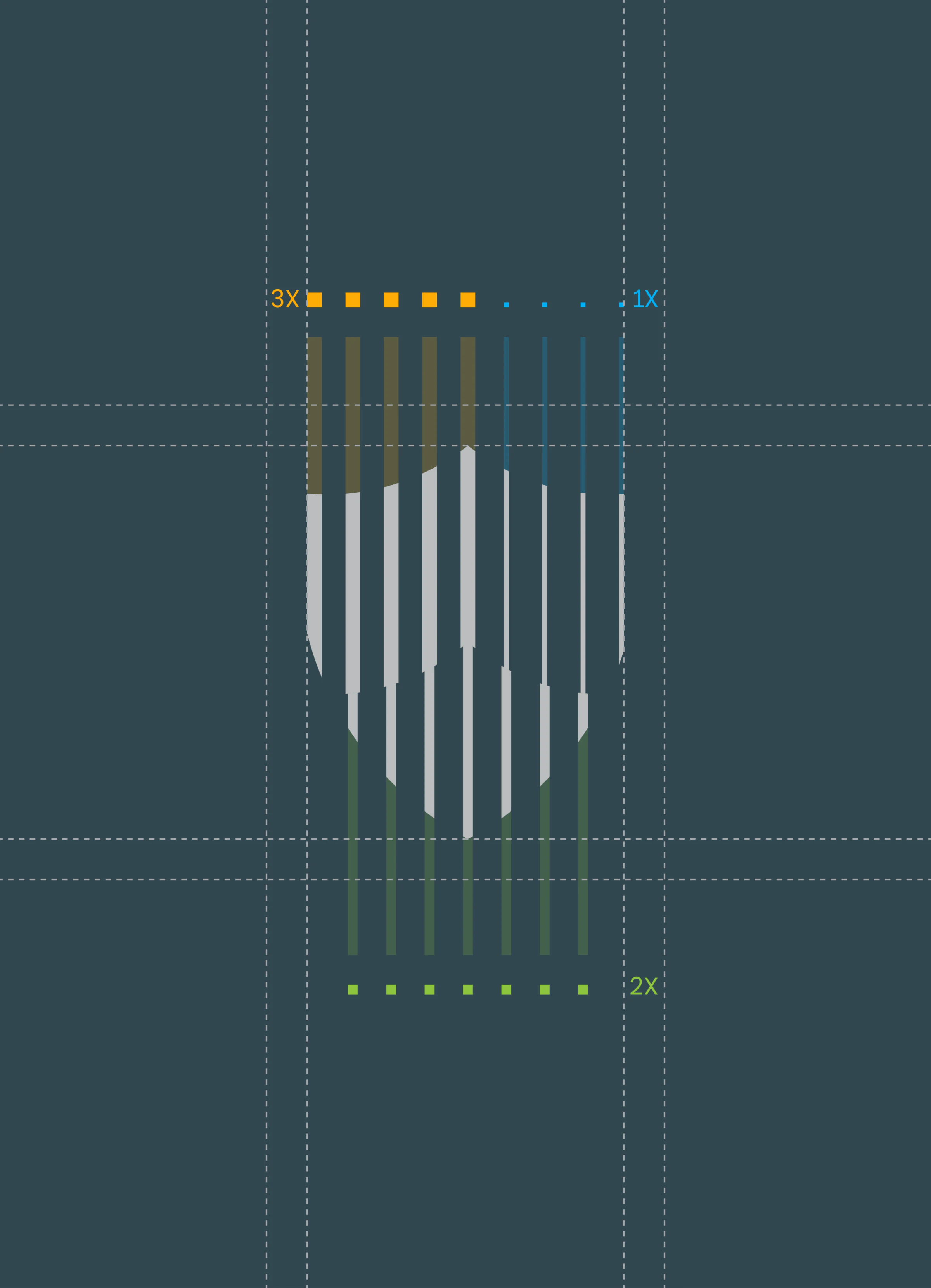 Construction grid of the Shades Bailiff shield mark, built from vertical lines, on charcoal blue
