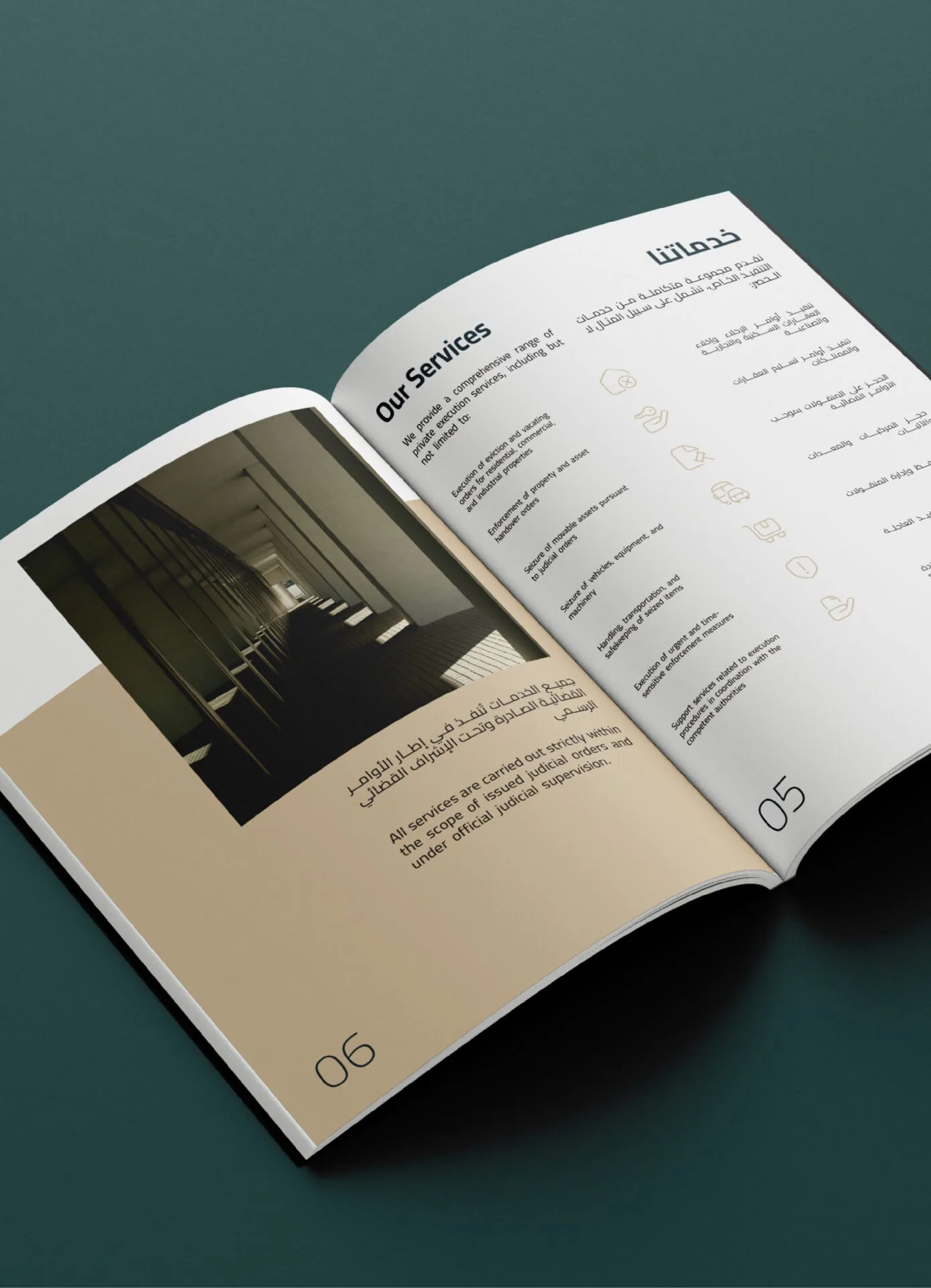 Shades Bailiff brochure page listing services, with a photo of a hallway, on teal